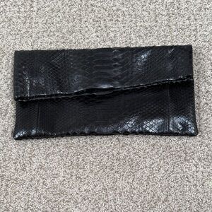 Black leather  Snakeskin Fold-Over Clutch